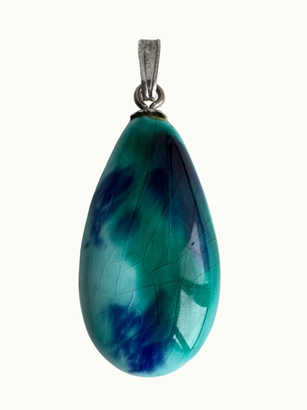 Vintage Porcelain Teardrop Pendant Blue Green Crackle Glaze Coastal Charm 1.25"H